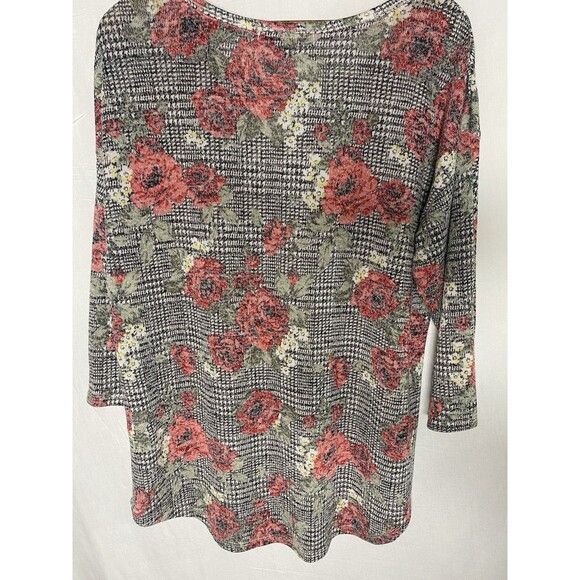 ABSOLUTELY FAMOUS Tunic Top Plaid Red Floral Stretch 3/4 Sleeve Blouse Womens XL - Picture 2 of 7